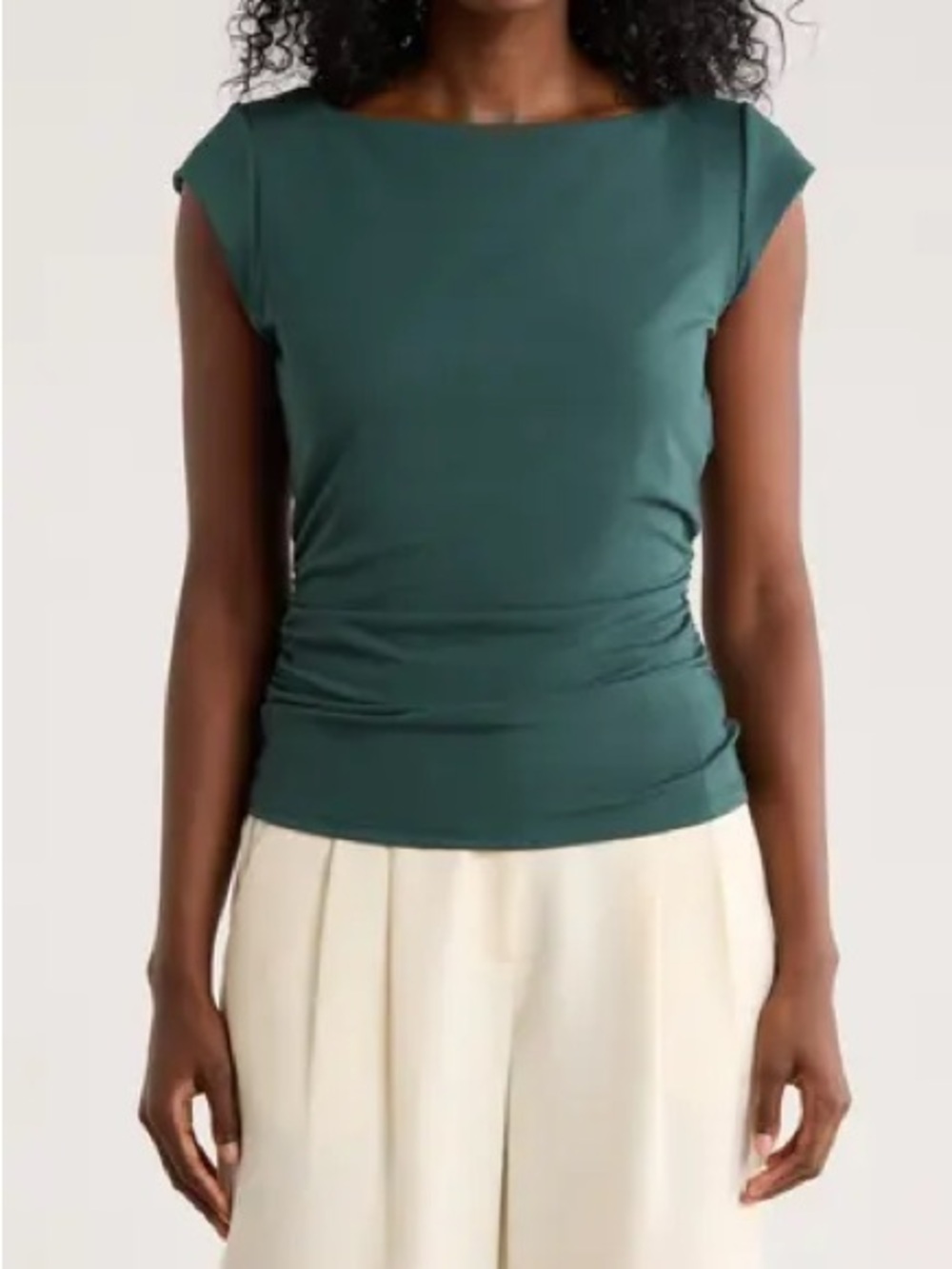 5. DR2 • NWT $55 USD Sleek Boatneck Cap-Sleeve Top in Deep Green PTP 18”-21”